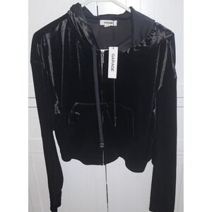 GARAGE Black‎ Velour Zip Up Hoodie Jacket Velvet Cozy Athleisure Size  Small